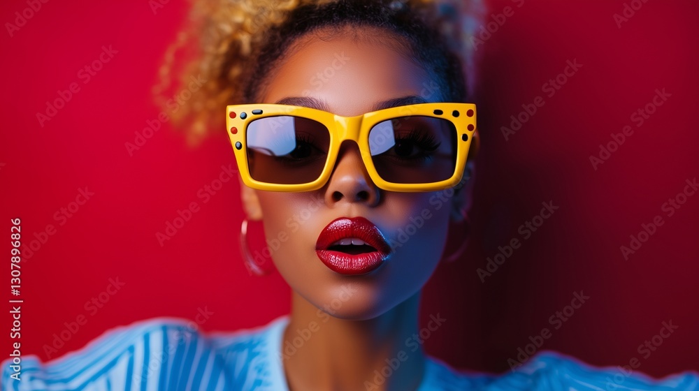 Trendy young woman with bold yellow sunglasses and red lipstick, fashion portrait Trendy young woman with bold yellow sunglasses and red lipstick, fashion portrait