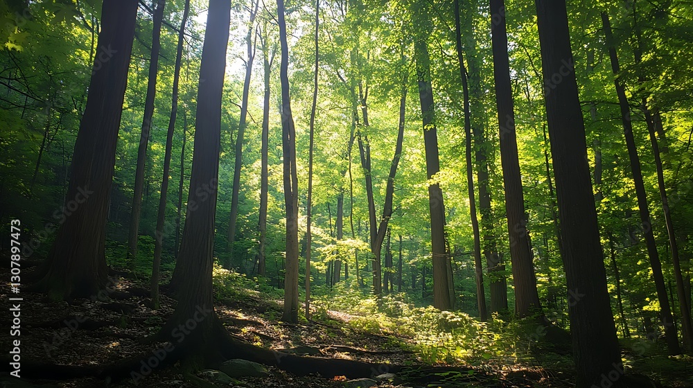 Naklejka premium Nestled in a ravine, towering trees stand in majestic stillness, their leaves dancing with sunlight, embodying naturea??s quiet resilience.