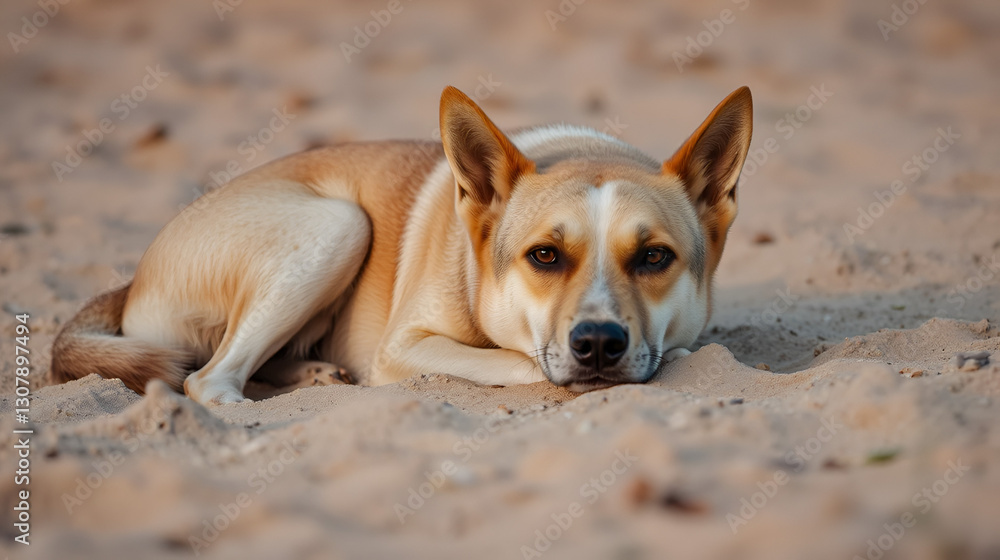 A calm, tame stray dog, resting in the sand. A calm, tame stray dog, resting in the sand.
