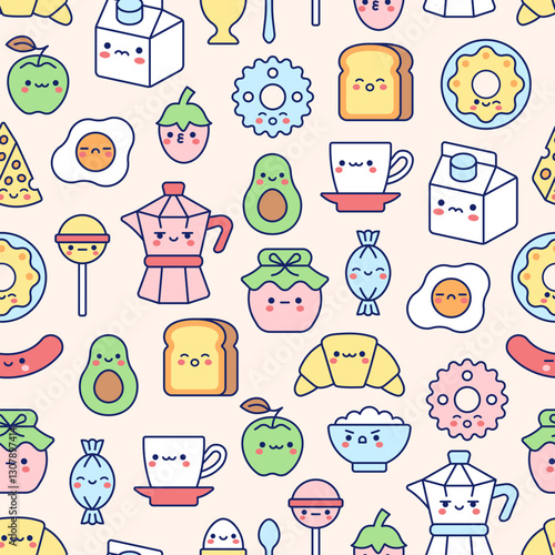 Cute food and drink seamless pattern. Vector kawaii breakfast texture with croissant, egg, apple, toast, tea, candy, avocado, strawberry, donut, fried eggs, cookie, milk, cheese, coffee maker.