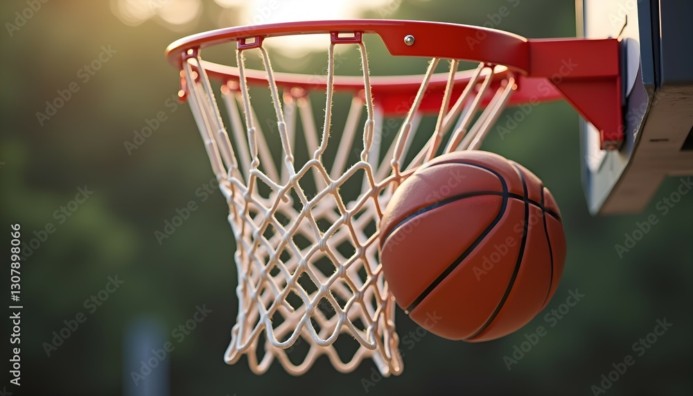A basketball falling past a basket against a background of street greenery.
A basketball falling past a basket against a background of street greenery.