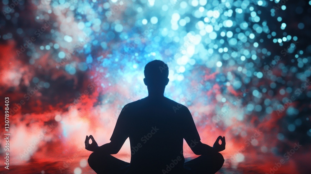 Meditating silhouette in front of a colorful cosmic background Meditating silhouette in front of a colorful cosmic background