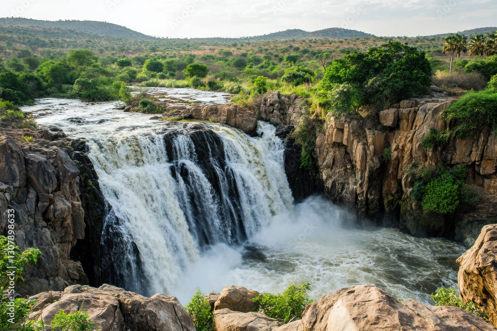 Waterfall cascading down rocky cliffs in scenic landscape Waterfall cascading down rocky cliffs in scenic landscape