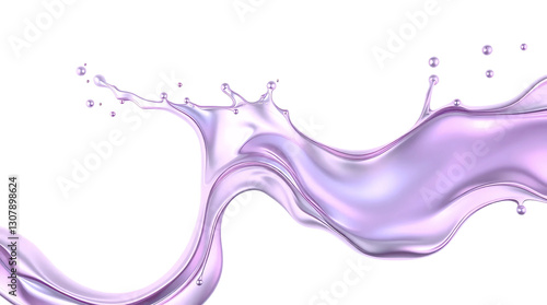 Abstract waves and splashes of liquid lilac color metal with realistic reflections. Smooth, curved shapes create a fluid and elegant effect. isolated
