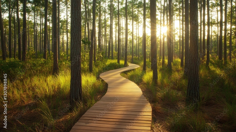 Fototapeta premium Scenic boardwalk trail winding through a dense pine forest in an eco-reserve.