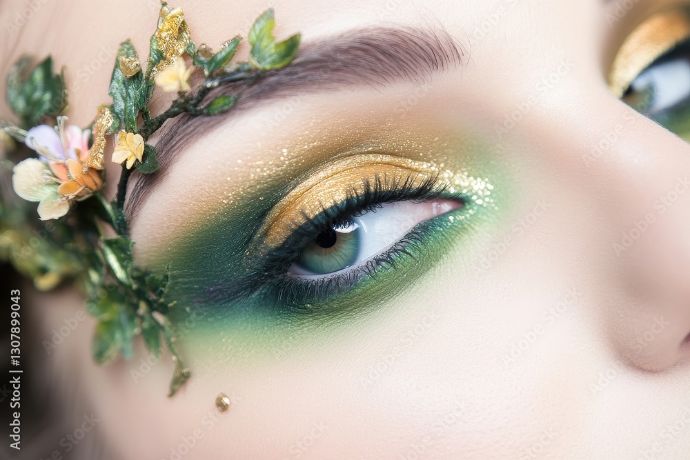 Creative nature-inspired makeup look with green and gold hues featuring floral accents around the eyes. Generative AI Creative nature-inspired makeup look with green and gold hues featuring floral accents around the eyes. Generative AI