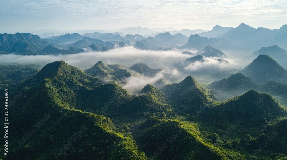 Scenic view of a misty mountain range with lush greenery, promoting nature tourism.