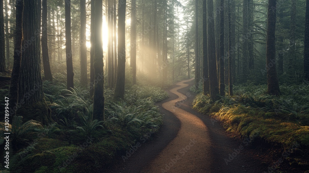 Naklejka premium Serene hiking trail winding through a dense forest with sunlight filtering through.