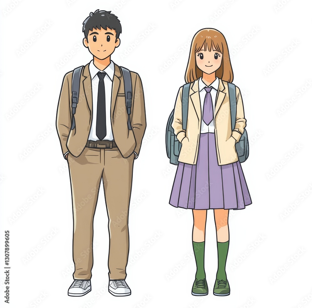Full-body illustration of Asian male and female students in Japanese high school uniforms Full-body illustration of Asian male and female students in Japanese high school uniforms
