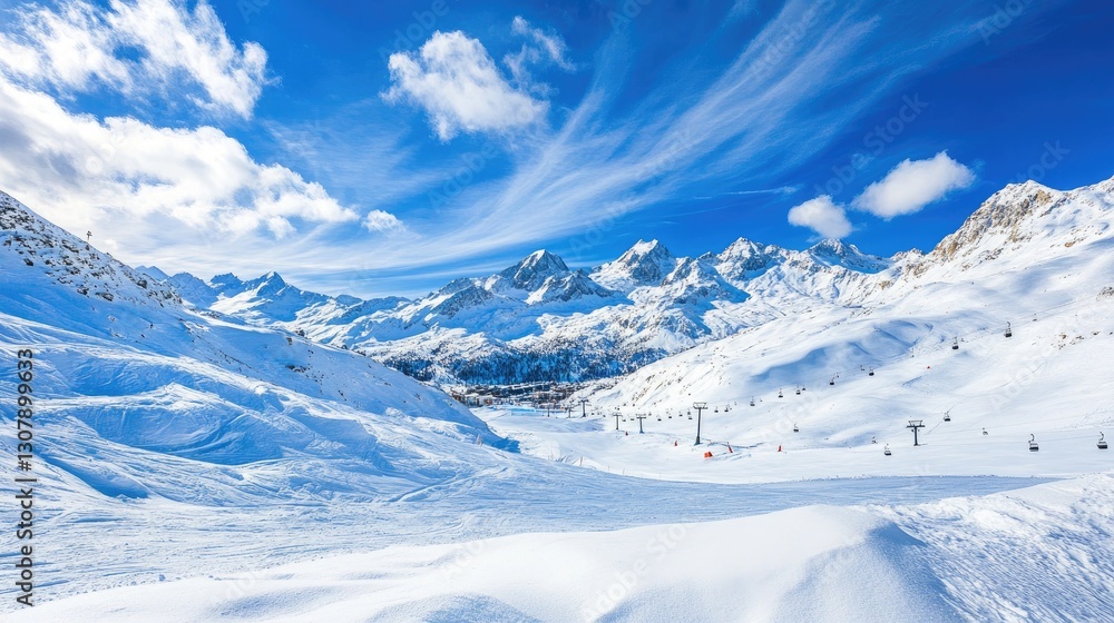Obraz premium Snow-covered ski resort with well-groomed slopes and ski lifts stretching into the mountains.