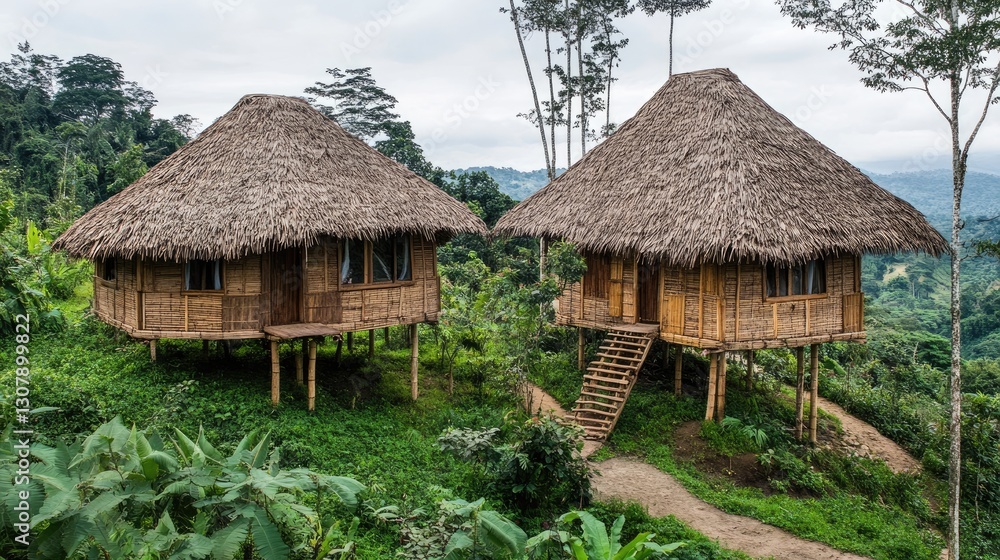 Sustainable bamboo eco-hut with thatched roofs in a tropical rainforest setting. Sustainable bamboo eco-hut with thatched roofs in a tropical rainforest setting.
