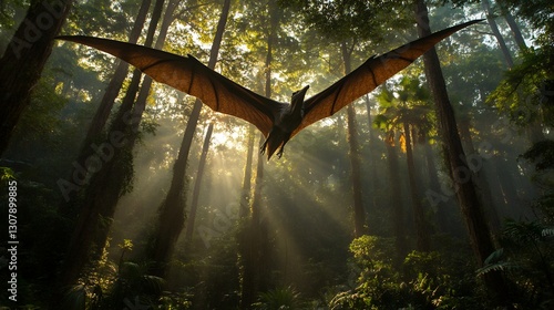 A Changchengopterus pterosaur gliding through prehistoric foliage photo