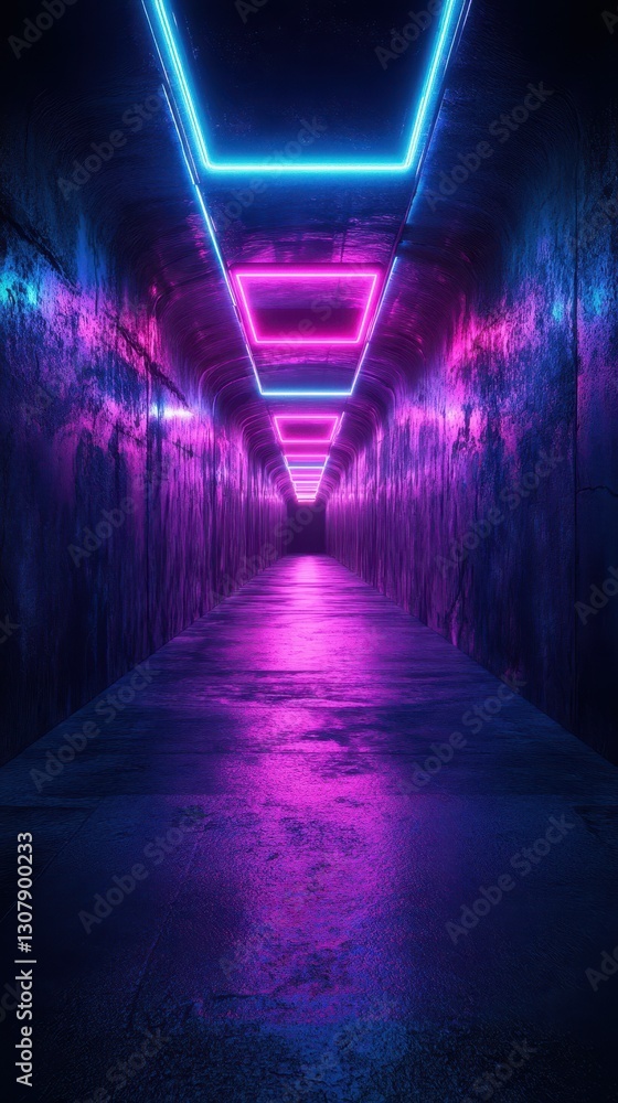 Vibrant neon lights illuminating a dark corridor in a futuristic setting at night Vibrant neon lights illuminating a dark corridor in a futuristic setting at night