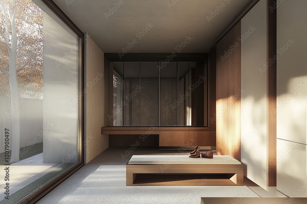 Fototapeta premium Modern Minimalist Room Interior Design with Wooden Furniture and Natural Light