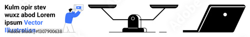 Person holding chart, balanced scale representing fairness, and laptop for technology. Ideal for ideas of analysis, equality, work-life balance, research, logic, productivity abstract line flat