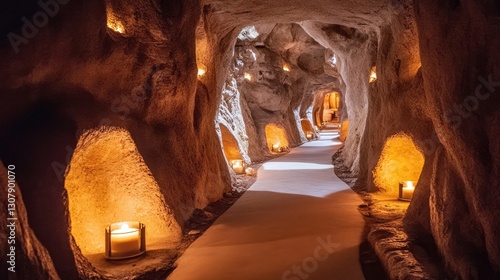 Underground catacombs with ancient stone tunnels and flickering torchlight.