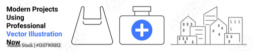 Shopping bag, medical kit with a cross, urban city skyline. Ideal for sustainability, healthcare, urban planning, community awareness, e-commerce, public welfare flat landing page banner