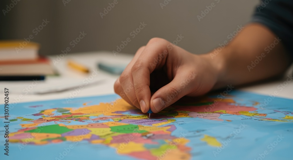 Hand places pin on map, symbolizing travel planning or marking destinations Hand places pin on map, symbolizing travel planning or marking destinations