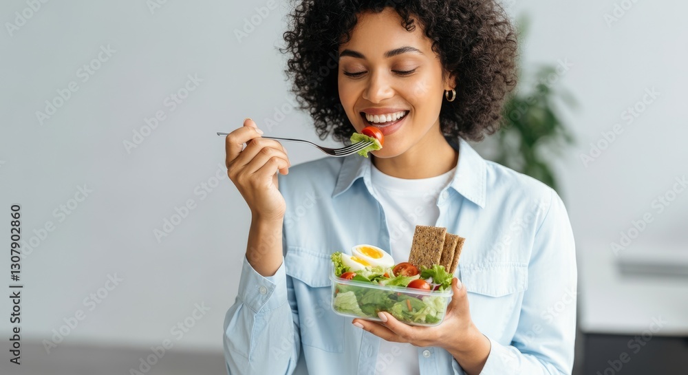 Smiling woman enjoying healthy salad, showcasing balanced diet Smiling woman enjoying healthy salad, showcasing balanced diet
