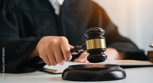 Judge in courtroom holding gavel, delivering verdict