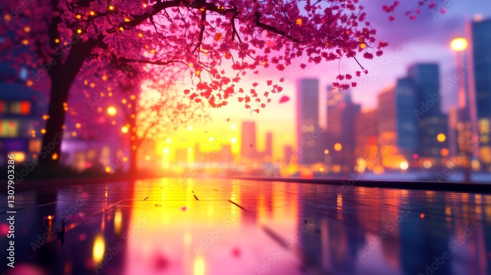 Fototapeta premium Pink blossoms fall on a city street at sunset, creating a magical, dreamy atmosphere. Warm and cool colors blend beautifully.
