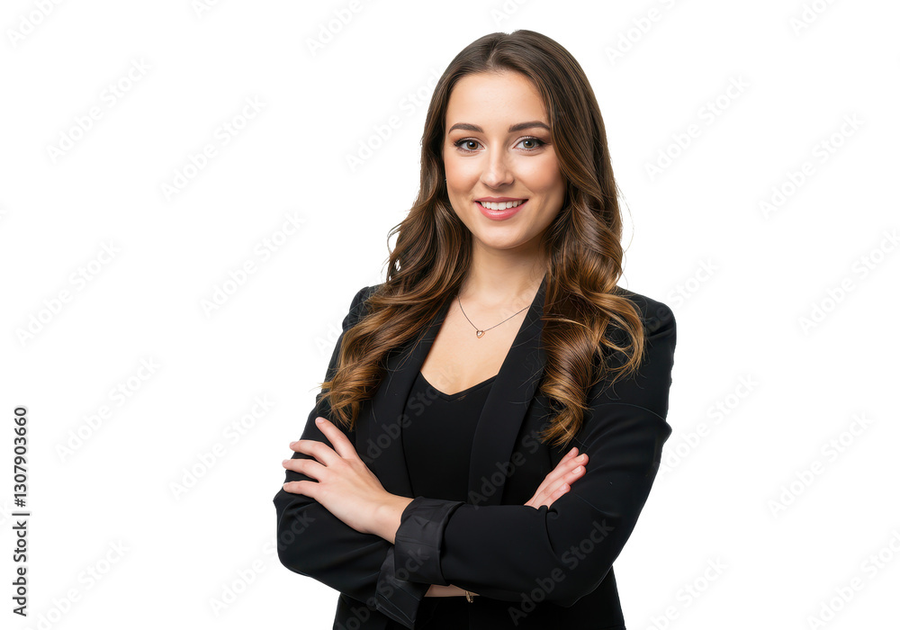 A confident young woman with long wavy brown hair isolated on transparent background A confident young woman with long wavy brown hair isolated on transparent background