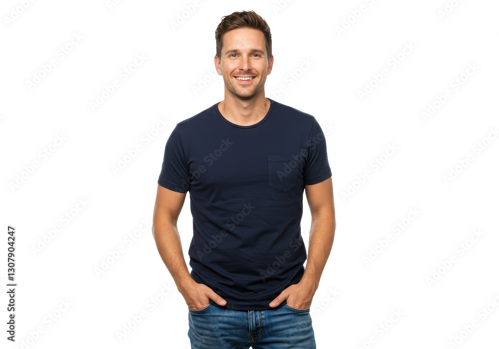 A fit and happy man with short brown hair wearing a navy blue t-shirt and blue jeans isolated on transparent background A fit and happy man with short brown hair wearing a navy blue t-shirt and blue jeans isolated on transparent background