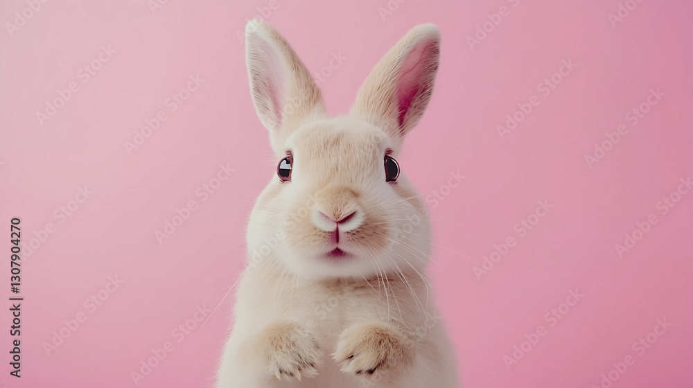 Obraz premium Fluffy White Rabbit on Pink Background / ピンクの背景のふわふわした白いウサギ