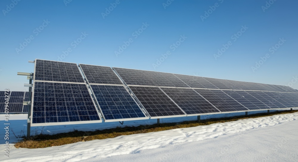 Solar panels in snowy field under clear blue sky Solar panels in snowy field under clear blue sky