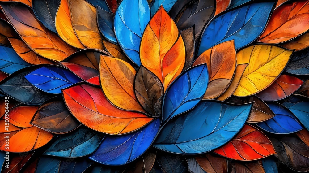 An impressive display of layered leaves forms a captivating pattern, blending shades of blue, orange, and gold. Nature's artistry shines through this stunning arrangement. An impressive display of layered leaves forms a captivating pattern, blending shades of blue, orange, and gold. Nature's artistry shines through this stunning arrangement.