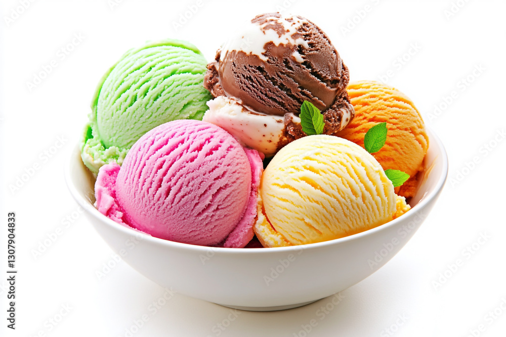 A white bowl filled with scoops of colorful ice cream in various flavors, including pink, yellow, orange, green, and brown, arranged in an appealing manner. Isolated on white background. A white bowl filled with scoops of colorful ice cream in various flavors, including pink, yellow, orange, green, and brown, arranged in an appealing manner. Isolated on white background.