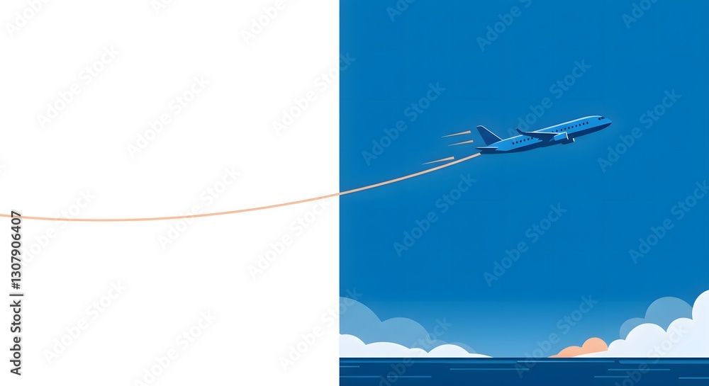 Fototapeta premium Modern Airplane Illustration Taking Off Over the Ocean