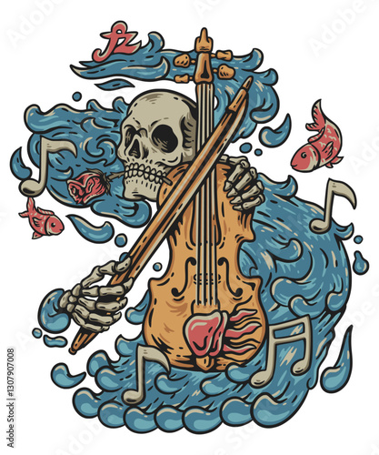 Melodic Mortality: A skeletal figure, the embodiment of mortality, passionately plays a violin amidst a stylized ocean of sound and life. This imaginative illustration blends life, music, and death.