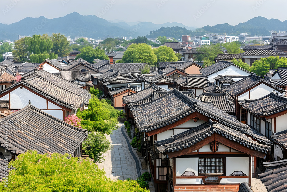 Aerial view of the traditional Chinese houses with tiled roofs and green trees Aerial view of the traditional Chinese houses with tiled roofs and green trees