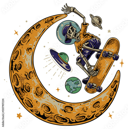 Cosmic Skate: A skeletal figure, embodying the thrill of cosmic skateboarding across a crescent moon in a vibrant illustration, embodying the intersection of fantasy and adventure.