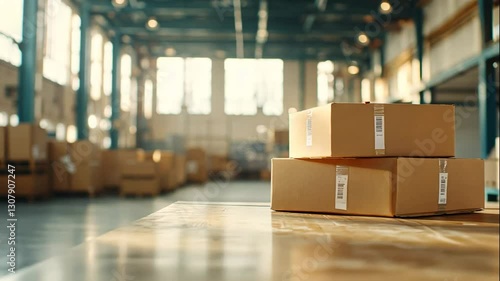 A warehouse interior with stacked boxes on a table and shelves