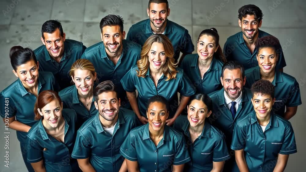 Group of young flight attendants and stewardesses of different ethnicities in blue uniforms standing together smiling symbolizing friendly service in aviation Group of young flight attendants and stewardesses of different ethnicities in blue uniforms standing together smiling symbolizing friendly service in aviation