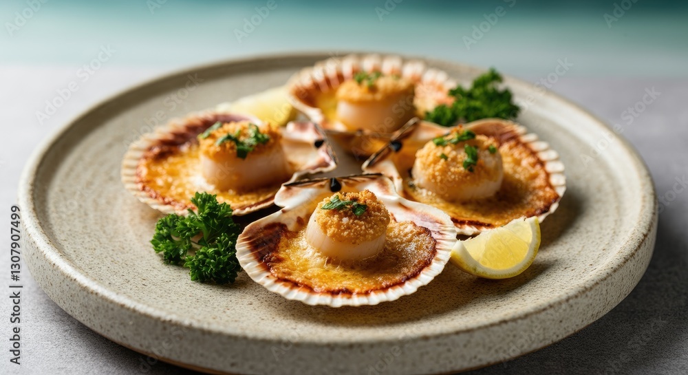 Grilled scallops served on shells with lemon and parsley garnish Grilled scallops served on shells with lemon and parsley garnish