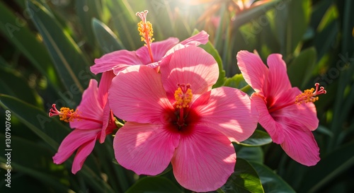 Beautiful pink hibiscus flowers blooming in sunlight garden soft plant color fresh green image macro
