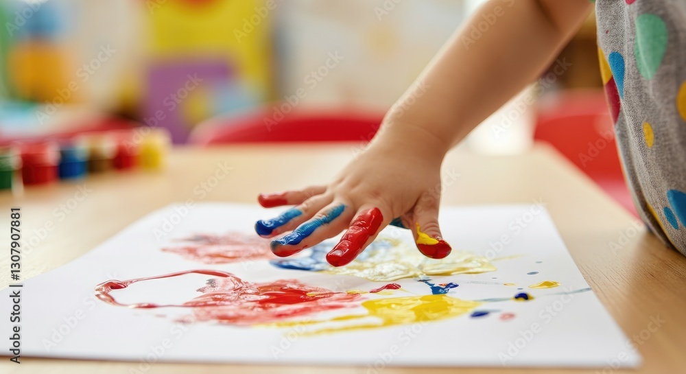 Child's hand painting with colorful finger paints on paper Child's hand painting with colorful finger paints on paper