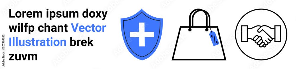 Blue shield with cross for protection, shopping bag with tag for retail, handshake for trust. Ideal for healthcare, security, e-commerce, agreements, protection, branding and flat landing page Blue shield with cross for protection, shopping bag with tag for retail, handshake for trust. Ideal for healthcare, security, e-commerce, agreements, protection, branding and flat landing page