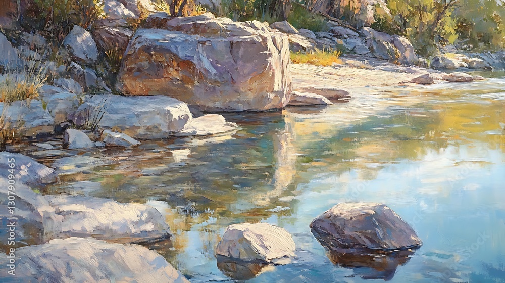 Fototapeta premium Sunlit rocks shimmer beside gently rippling water, creating a mesmerizing interplay of reflections and textures along a serene riverbank.