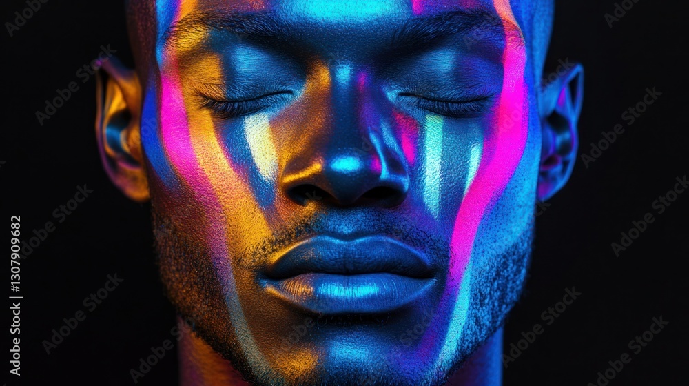 Striking portrait of a man with vibrant neon paint and closed eyes in a darkened studio