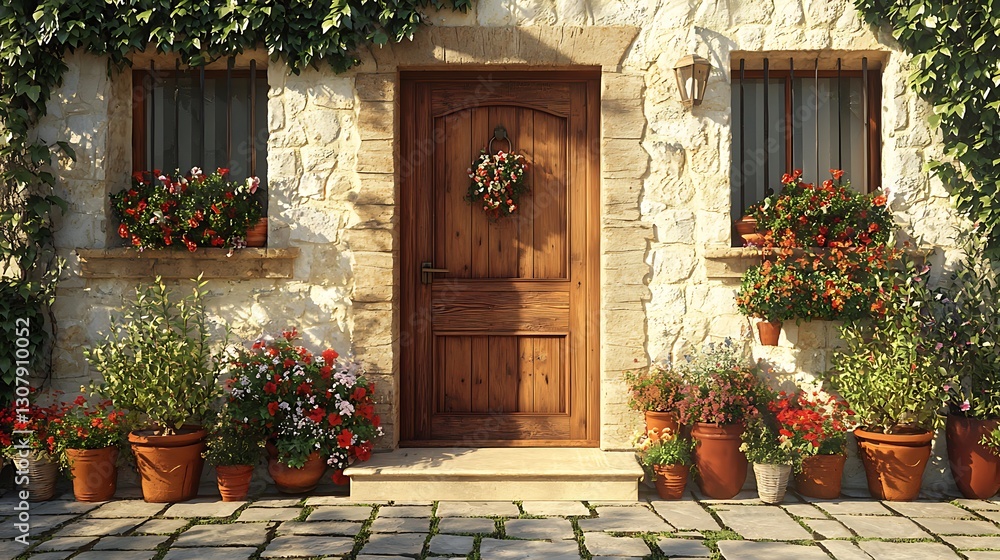 Fototapeta premium Charming stone house entrance, decorated with flowers