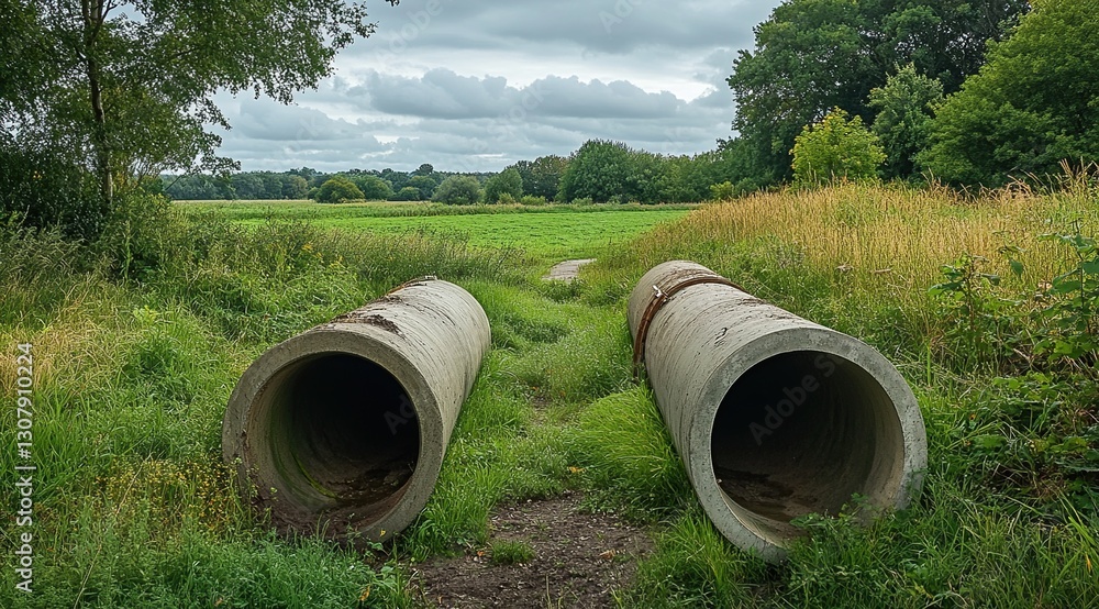Weathered Concrete Pipes in a Verdant Field Under an Overcast Sky Weathered Concrete Pipes in a Verdant Field Under an Overcast Sky