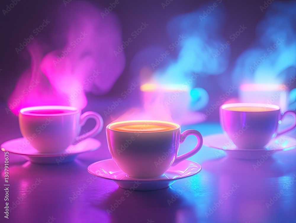 Fototapeta premium Steaming cups in a neon dreamscape, vibrant and inviting refreshment