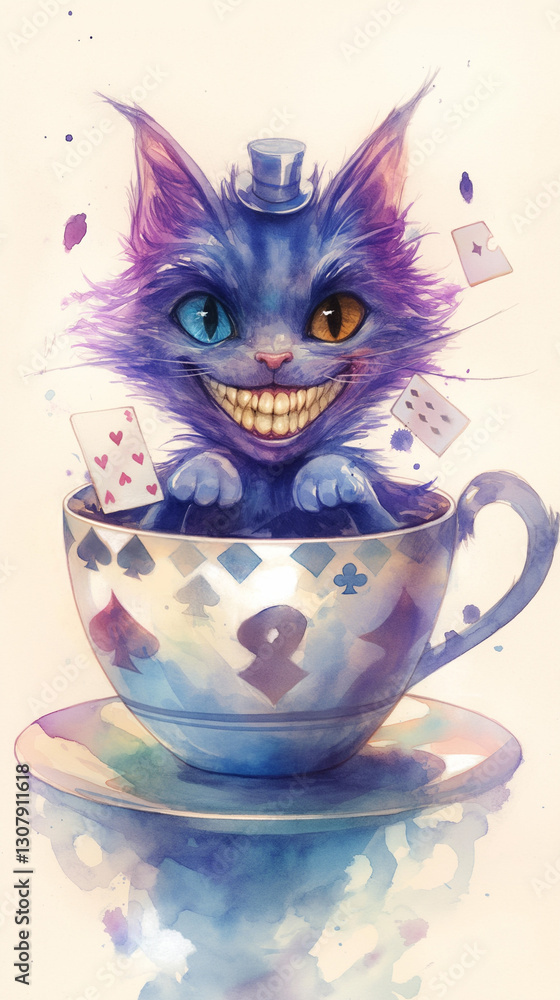 微笑むチェシャ猫とアリス 少女と魔法の世界の水彩画。スマートフォン9:16のアスペクト比 微笑むチェシャ猫とアリス 少女と魔法の世界の水彩画。スマートフォン9:16のアスペクト比
