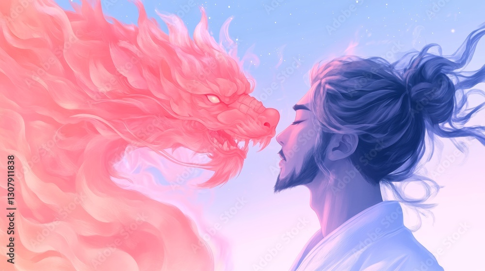 A young Asian man with long hair in a bun peacefully faces a pink dragon in a serene pastel painting. A young Asian man with long hair in a bun peacefully faces a pink dragon in a serene pastel painting.