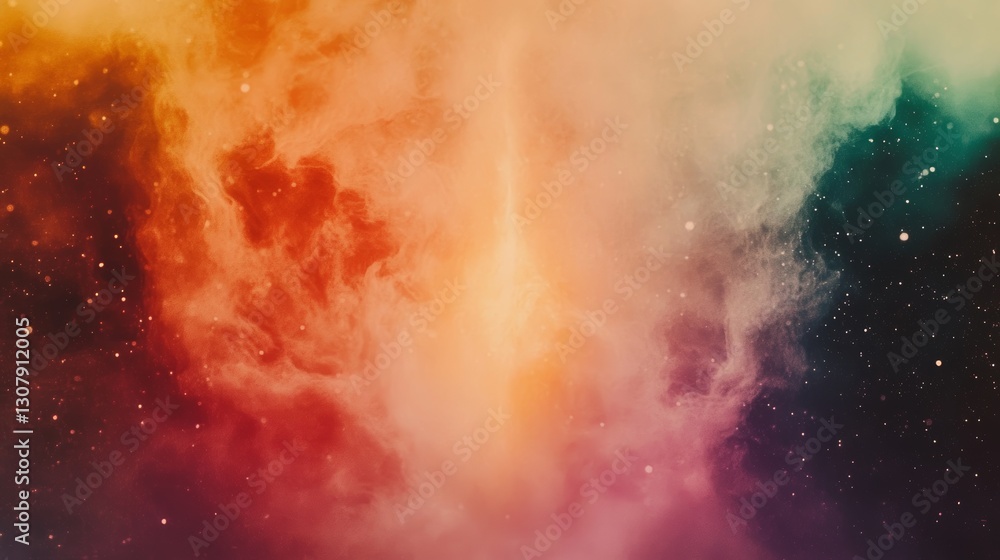 Fototapeta premium Cosmic swirl of vibrant hues, a mesmerizing blend of orange, pink, and teal, speckled with distant stars.