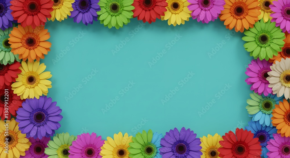 Vibrant rainbow gerbera daisies frame teal background floral design shot view happy color image fresh Vibrant rainbow gerbera daisies frame teal background floral design shot view happy color image fresh
